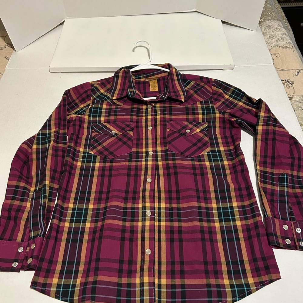 Women's Plaid Long Sleeve Shirt - Burgundy and Yellow